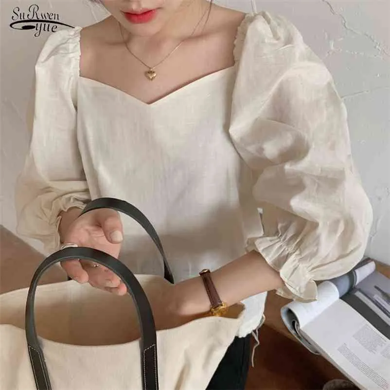 Blusa elegante coreana para mujer, camisas blancas, cuello cuadrado elegante, manga abombada, moda informal para mujer, Tops para mujer, Blusa10165 210521