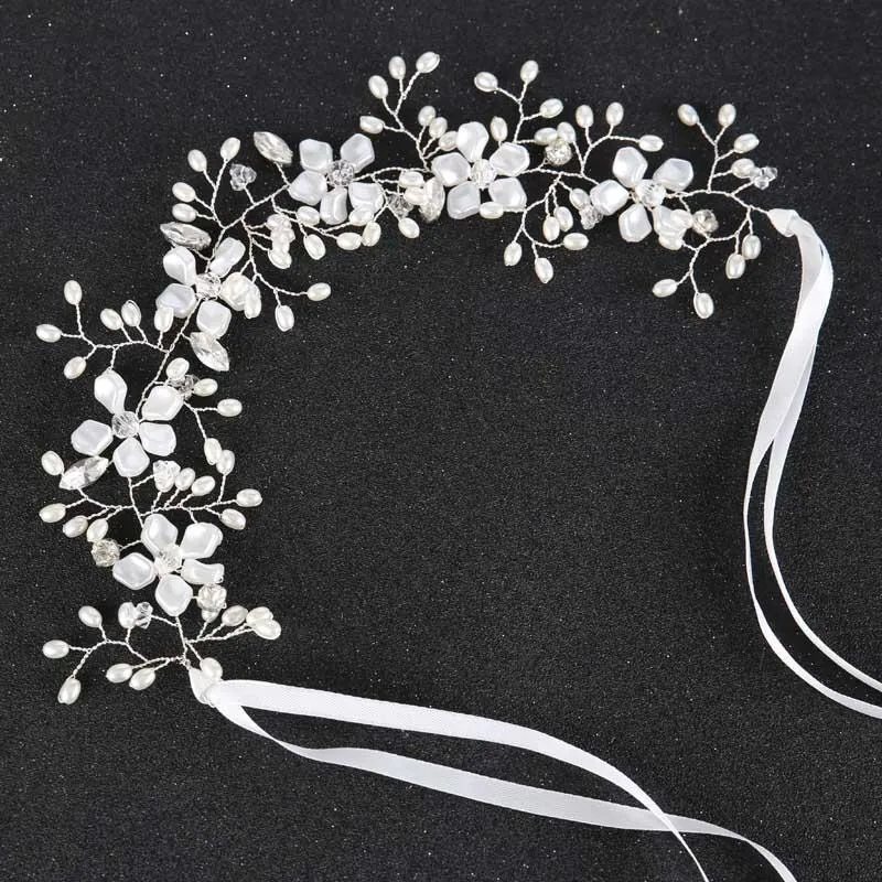 Hårklämmor Barrettes White Pearl With Flower Hairband Brud Tiaras pannband Ribbon Wedding Jewelry Crown Women Girls Accessories Decorat