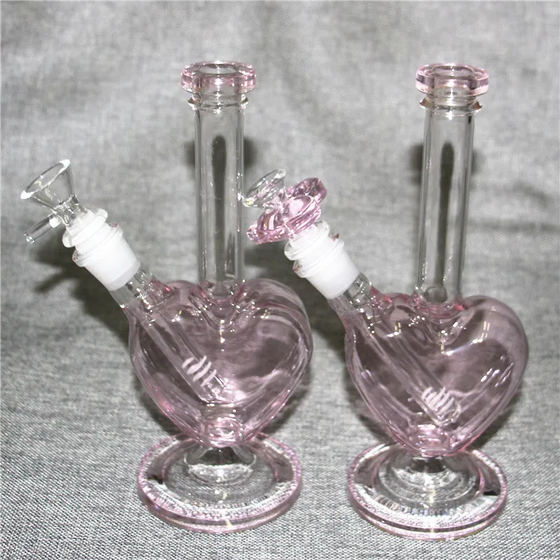 Hjärtform Vatten Bongs Glas Bong Oil Rig Rökning Rökor Hookahs Med Downstem Slide And Pink Love Bowls 14mm Ash Catchers