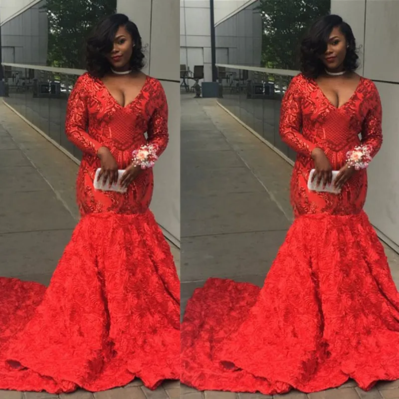 Red Long sleeves Prom Dresses V Neck 3D Rose Flowers Sweep Train Mermaid Evening Gowns Custom Size Celebrity Party Dress