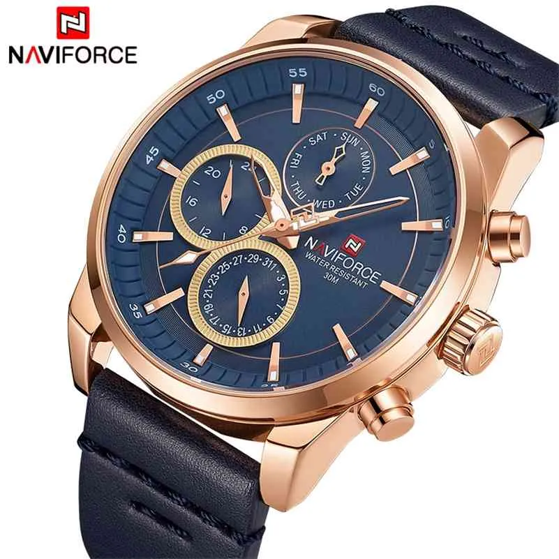 Naviforce Mäns Klockor Top Luxury Brand Mens Mode Sport Klocka Man Läder Datum Quartz Armbandsur Relogio Masculino 210517