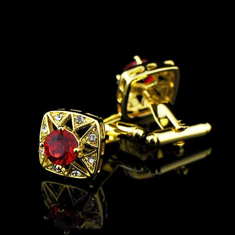 Bridegroom Wedding Party Business Men French Shirts Cuff Links Black Red Crystal Zircon Cufflinks Golden Cufflink With Gift Bag