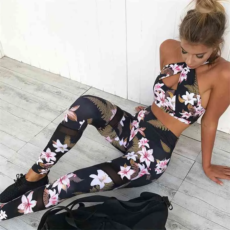 Kvinnor 2 Piece Yoga Set Gym Fitness Kläder Blomstryck Bra + Långbyxor Running Tights Jogging Workout Leggings Sport Suit 210802