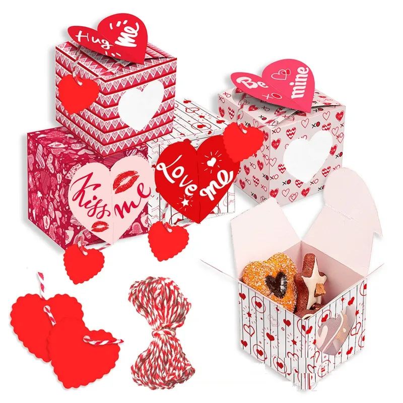 12 stks / set Valentijnsdag Gift Wrap Hartvorm Cupcake Box met PVC-venster Valentines Gift Case voor Goodie Cookie Candy