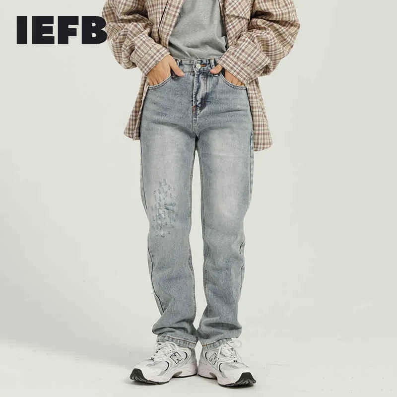 IEFB Erkek Giyim Bahar Kore Streetwear Trend Kişilik Yıpranmış Düz Tüp Işık Mavi Jeans Erkekler Için Gevşek 9Y5060 210524