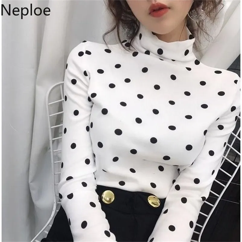 Korean Turtleneck Thick Dot Student T Shirt Slim Fit Wild Bottom Print Tees Women Simple Autumn Ladies Top 46091 210422