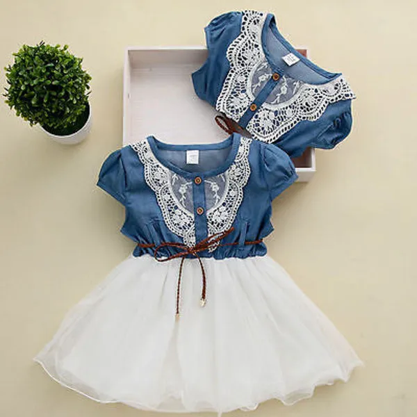 Prinzessin Mädchen Baby Kinder Spitze Gürtel Denim Tüll Nähte Kleider Alter 1-6Y Q0716