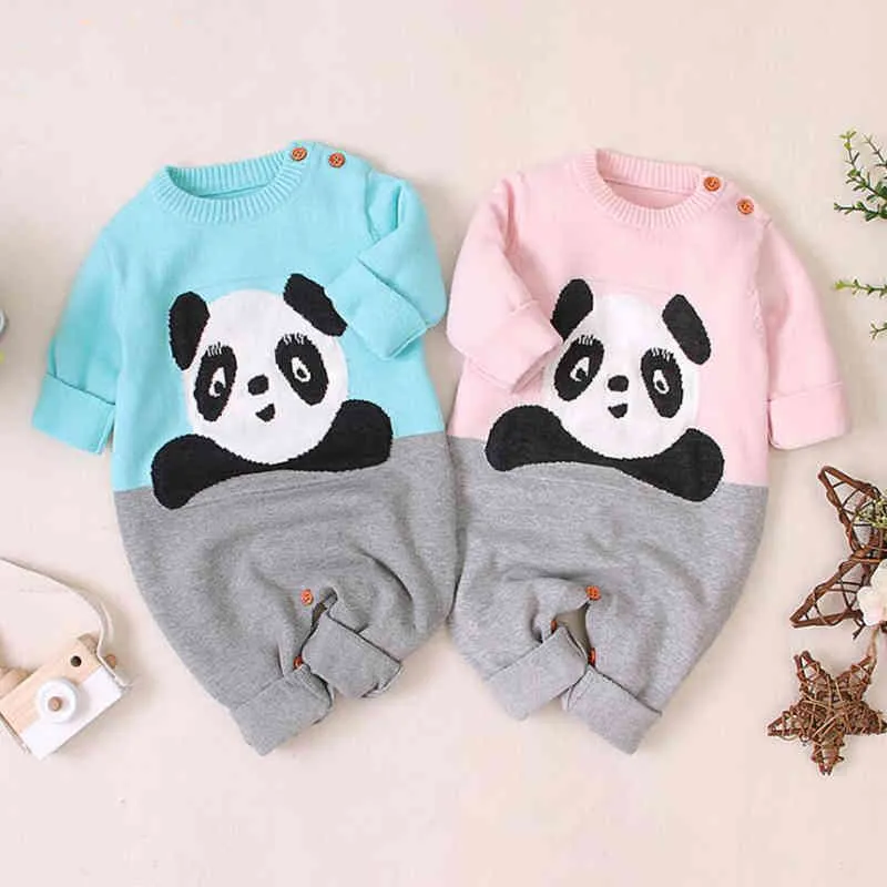 Autunno Inverno Neonati maschi Cute Cartoon Panda Pagliaccetti Infant Boy Girl Bambini Maglieria Vestiti a maniche lunghe 210429