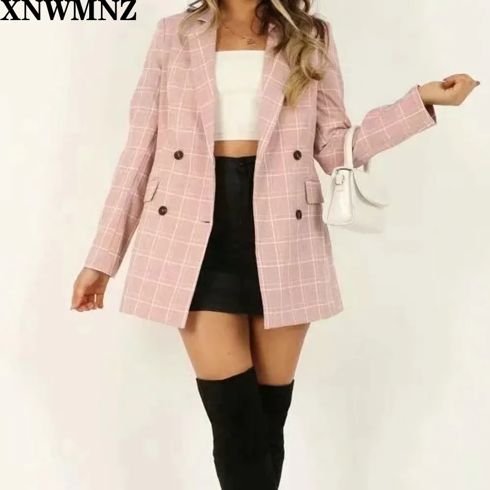 Za Vintage Double Breasted Plaid Women Blazer Pockets Jackets Female Retro Suits Coat Feminino blazers Outerwear high quality 210510