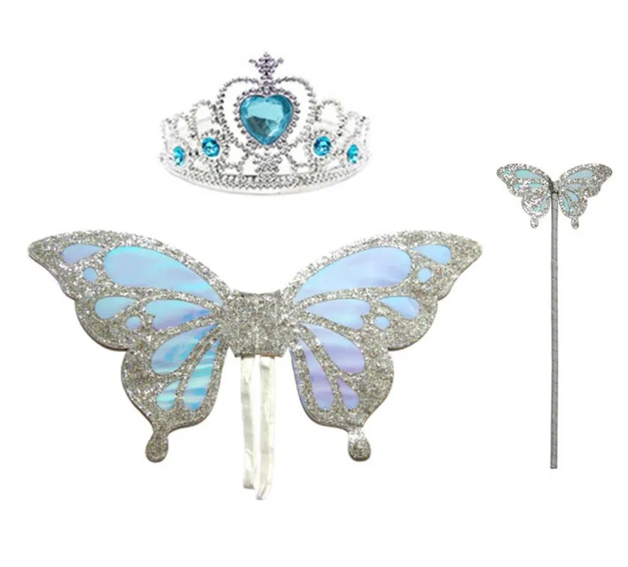 Glitter Butterfly Fairy Wing Wand Crown Set kızlar parti fantezi elbise destekler doğum günü hediyesi Noel çantası dolgu mavi