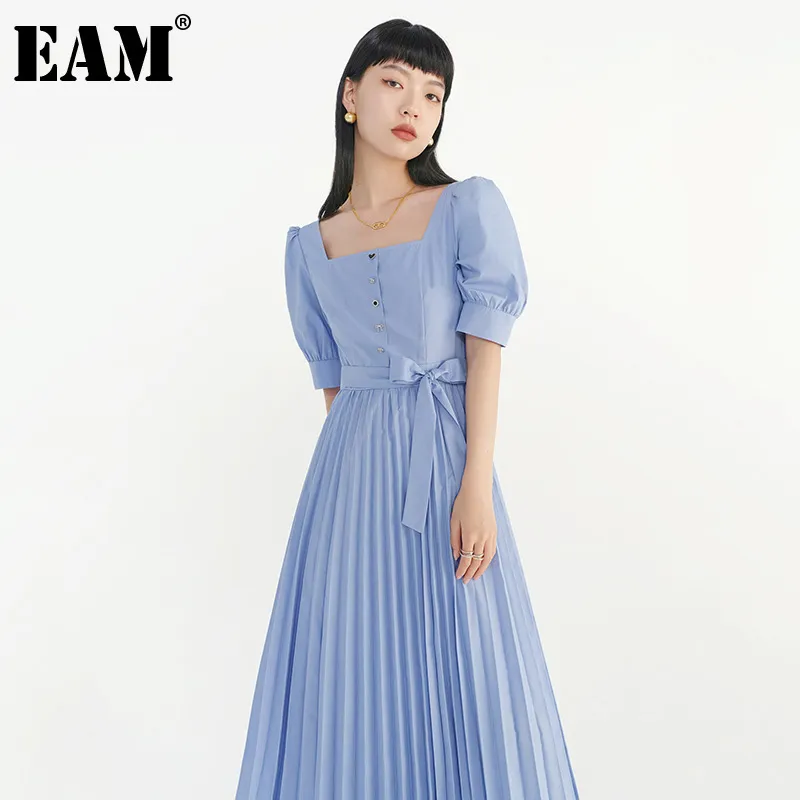 [EAM] Women Buttons Sashes Backless Pleated Dress Square Neck Puff Short Sleeve Fit Fashion Spring Summer 1DD8301 210512