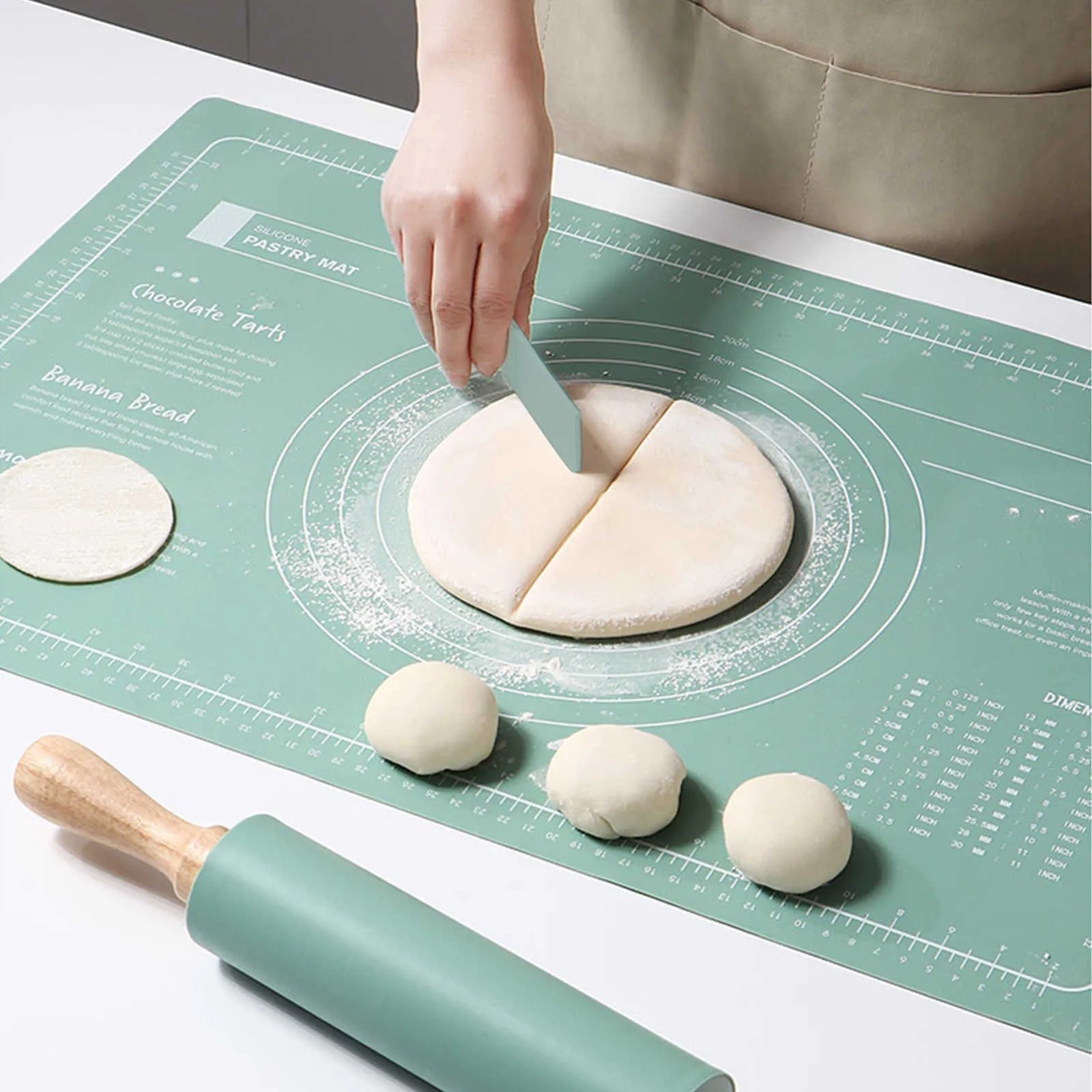 Silicone Kneading Pad Set 3 Pieces Pastry Mat with Measurement Rolling Pin Cutter Counter Broad Cake Baking Dough Cookies Mat 211008
