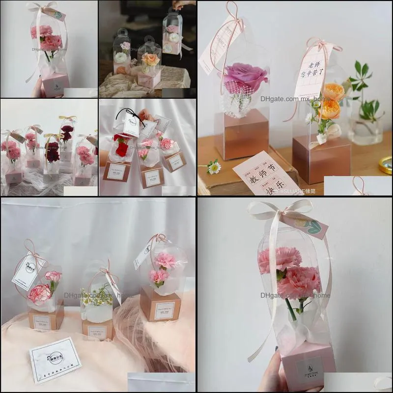 Gift Flower Packing Box Mother`s Day PVC Paper Single Transparent Rose Portable Holiday For Wrap