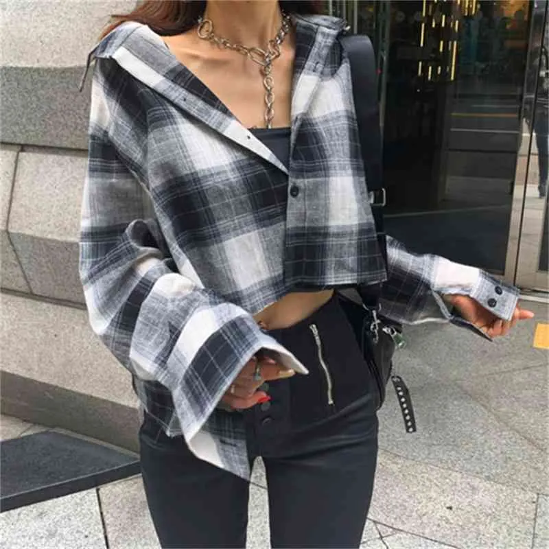 CHEERART Buffalo Plaid Crop Top Long Sleeve Button Up Blouse