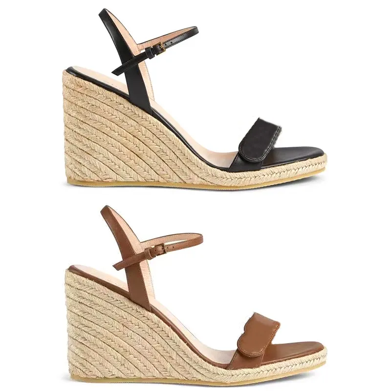 Designer Sandalen Dames Cord Espadrille Sleehak Hakken 13 cm Pomp Mode Echt Leer Enkelbandje Schoenen Zwart Topkwaliteit Visser 291