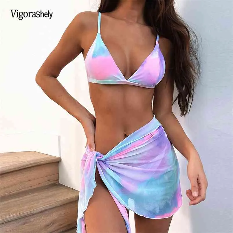 Vigorashely Sexy Gradient Color Imprimir Três Peças Bikini Set Mulheres com Saia Swimsuit Feminino Swimwear Push Up Ternos de Banho 210722