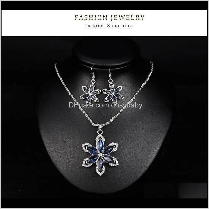 flower necklace earring set jewelry for women girls ladies navy blue crystal rhinestone diamond pendant charm silver gift jewellery sets