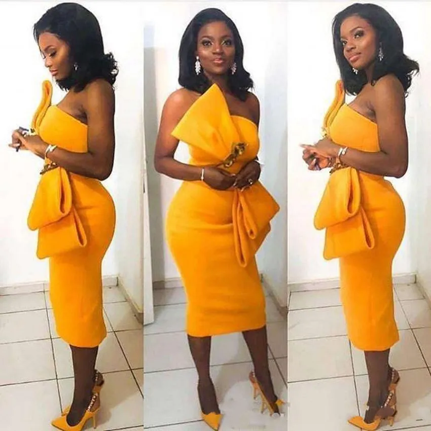 Africain Nigérian Jaune Satin Gaine Robes De Cocktail Gros Arc Longueur Au Genou Courte Soirée Formelle Robes De Bal Robe De Soirée Abendkleider Robes Sur Mesure