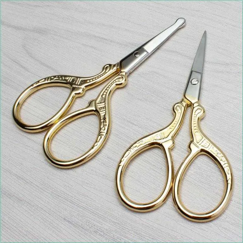 Stainless Steel Handmade Scissors Round Head Nose Hair Clipper Retro Gold Plated Household Tailor Shears For Embroidery Sewing Beauty Tools