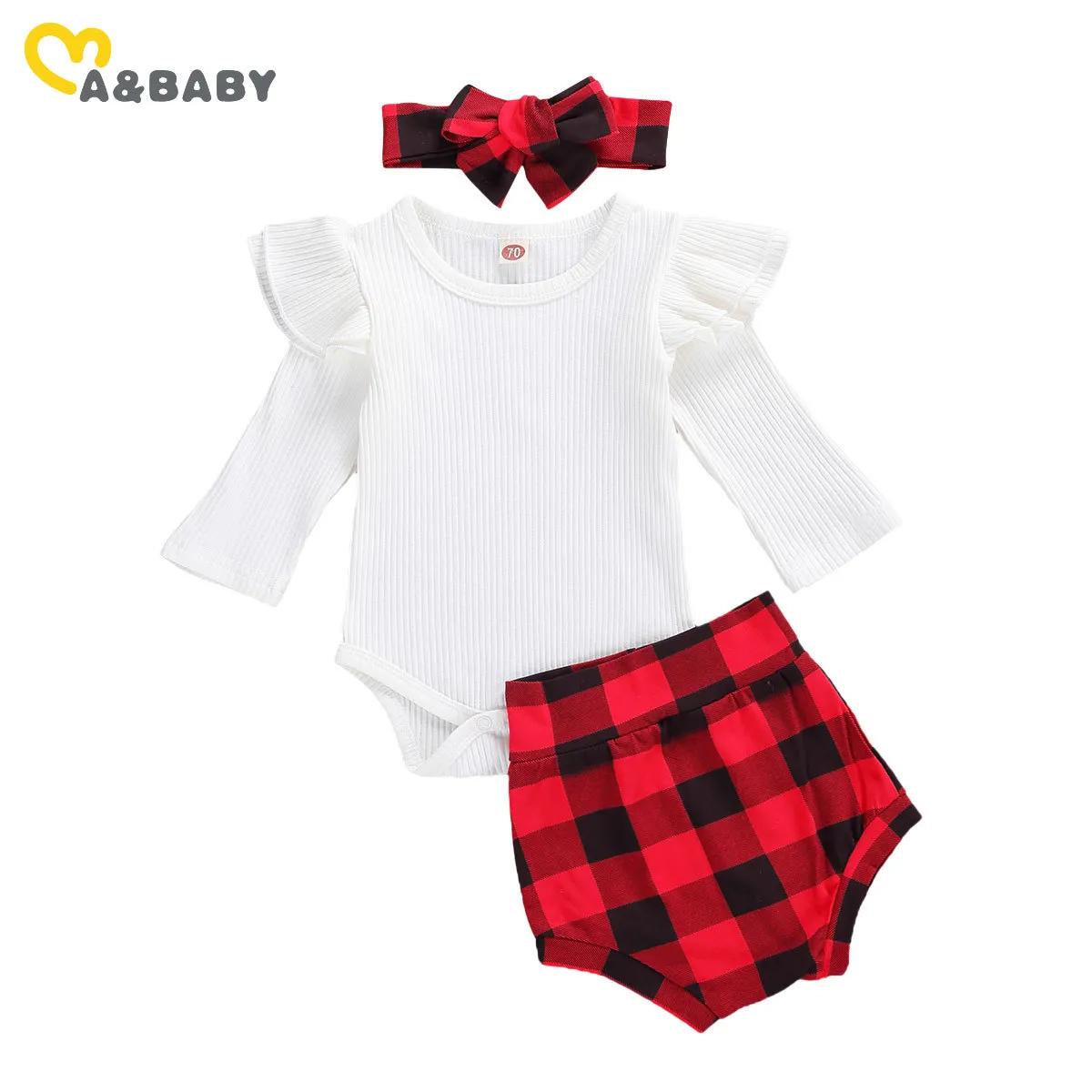 0-18m Julfödd spädbarnsflickor Röd Kläder Set Höst Stickad Romper Plaid Shorts Headband Xmas Outfits 210515