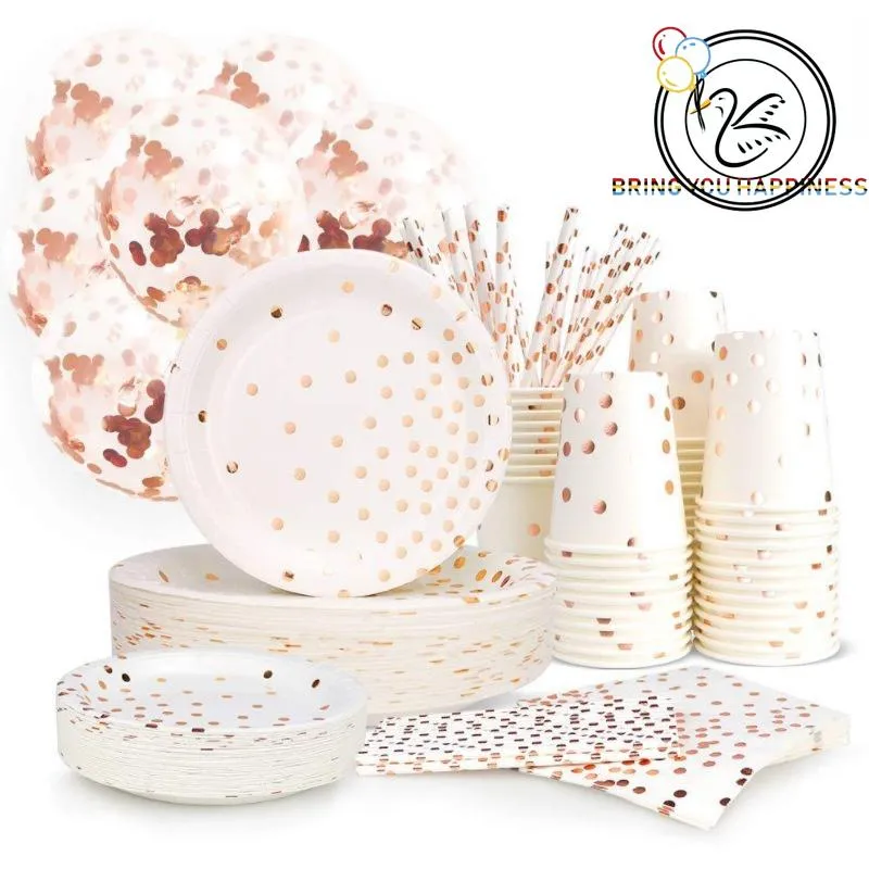 Disposable Dinnerware Rose Gold Eco-friendly Tableware 25/50PC Dot Platter Tablecloth Paper Tray Space Cup Straw