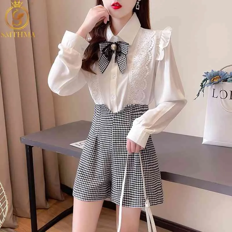 Spring Temperament Lady Sweet Bow Chiffon Shirt Two Pieces Set Houndstooth Wide Leg Shorts Suit 210520