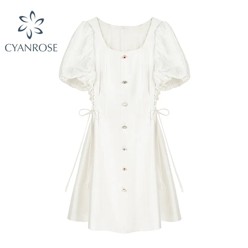 Chic Simple Poitrine Robe Blanche Femmes Bouffée À Manches Courtes D'été À Lacets Robes Col Carré Fermeture Éclair Élégant Preppy Style Robes 210515