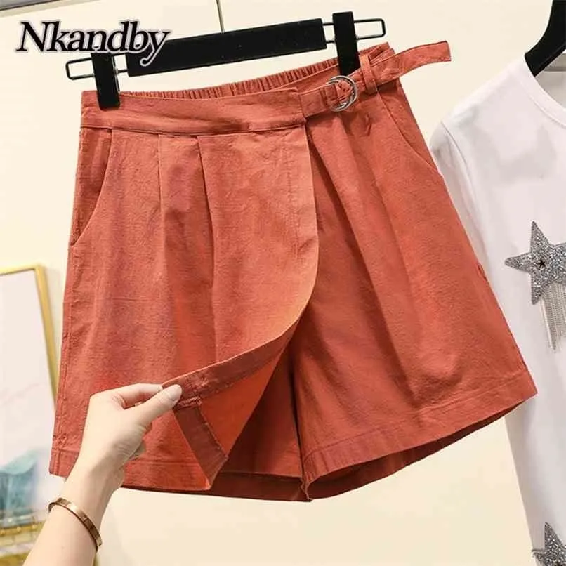 Nkandby largo perna shorts saias mulheres verão algodão linho elástico alta WIAST Oversized Solto coreano coreano 210724