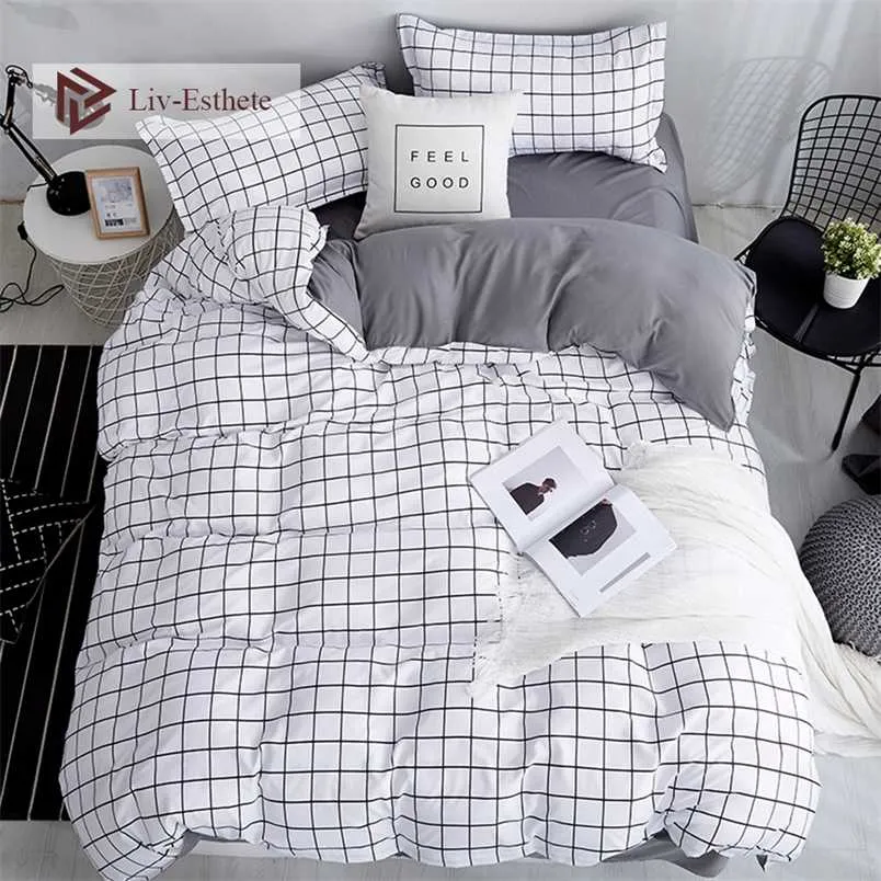 Fashion Classic Black White Grid Bedding Set Double Queen King Bed Linen Bedsheet Duvet Cover Pillowcase för barn Vuxna 211007