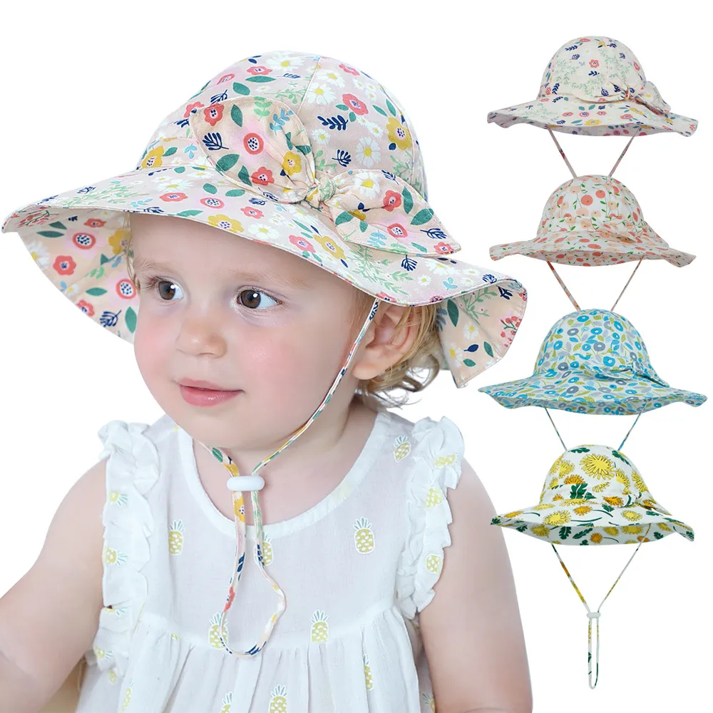 Baby Kids Sun Caps Grenadin Solid Färger Full Flowers Print Girl Summer Protect Neck Sunbonnet Ventilera Bekväm visör med Bow