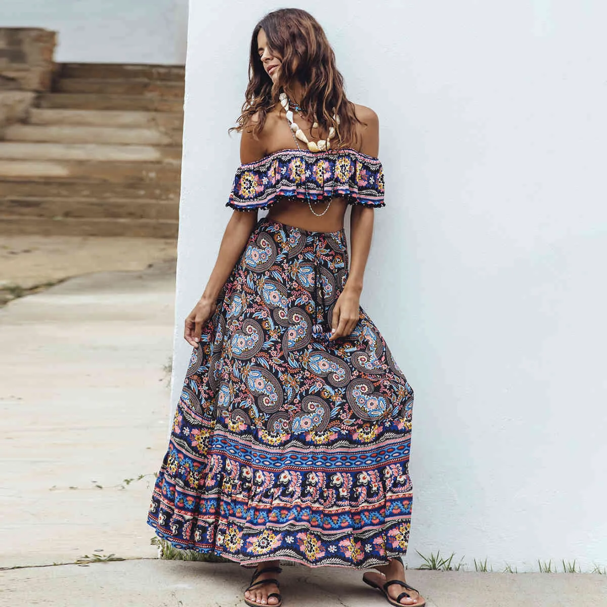 Jastie Indie Folk 2 Piece Set Women Navy Floral Print Set Summer Dress Strapless Crop Top & Maxi Skirt Gypsy Beachwear Suit 210419