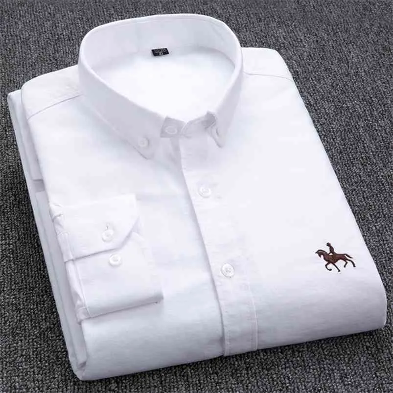 100% Cotton Oxford Shirt Men's Long Sleeve Embroidered Horse Casual Without Pocket Solid Yellow Dress Shirt Men Plus Size 5XL6XL 210714