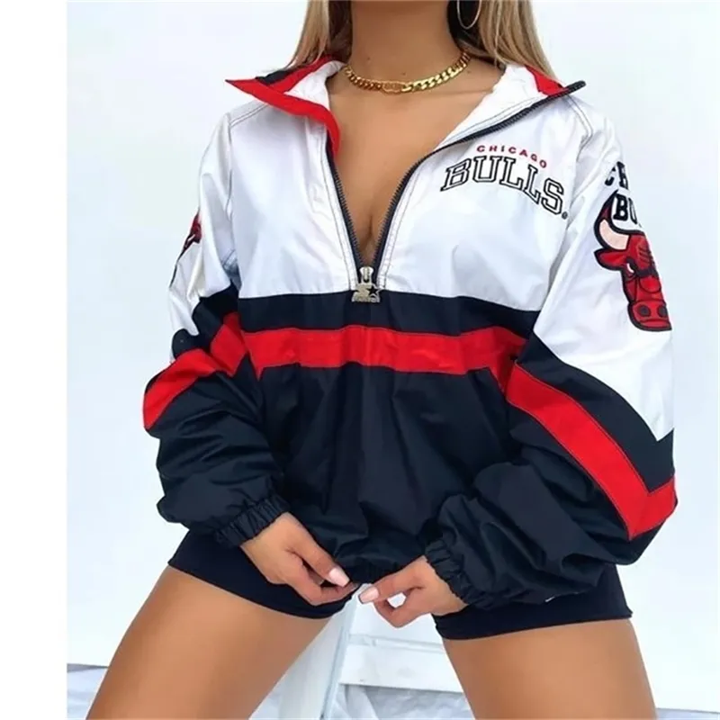 3XL Frühling und Herbst Mode Baseball JackenCasual V-ausschnitt Reißverschluss Pullover Gedruckt Plus Größe für Frauen Mantel 210922
