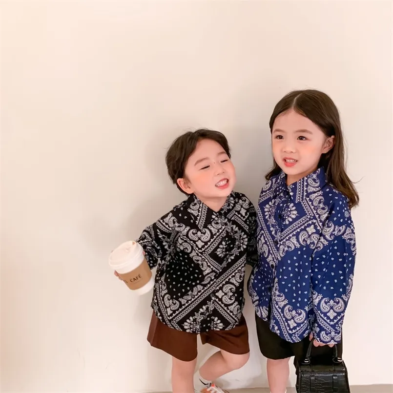 Spring kids retro style fashion floral shirts Unisex cotton casual long sleeve shirt Tops 210713