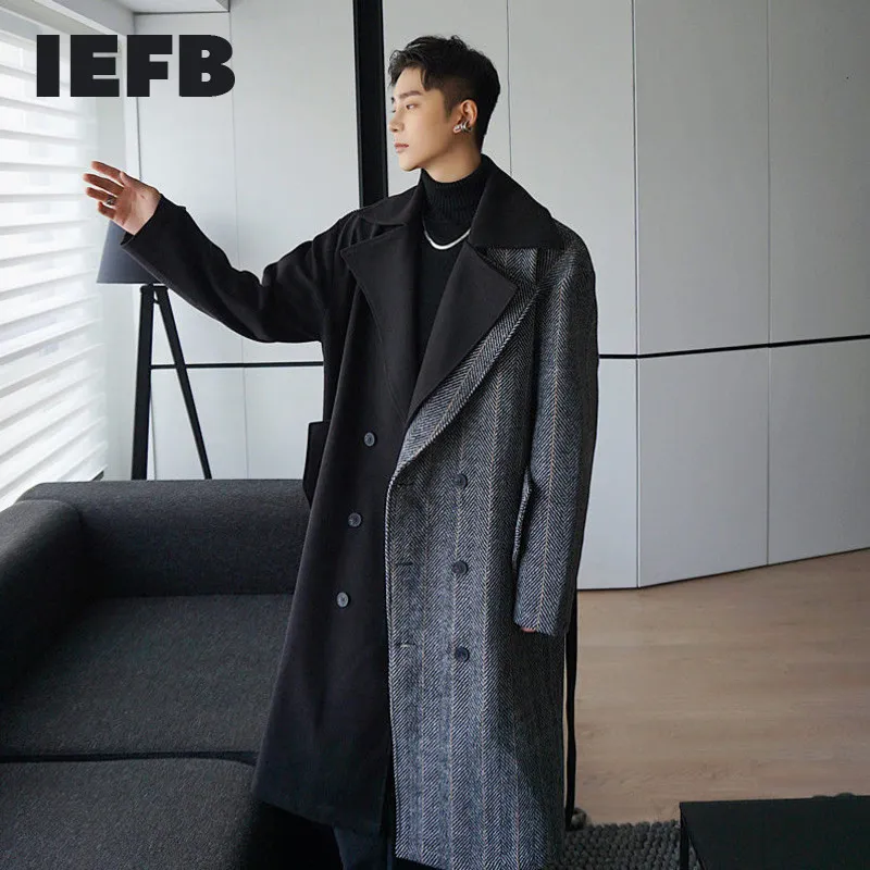 IEFB Höst Vinter Fashion Färgblock Patchwork Medium Lång Woolen Coat Mäns Lös Trend Bandge Long Coat With Belt Y4834 210524