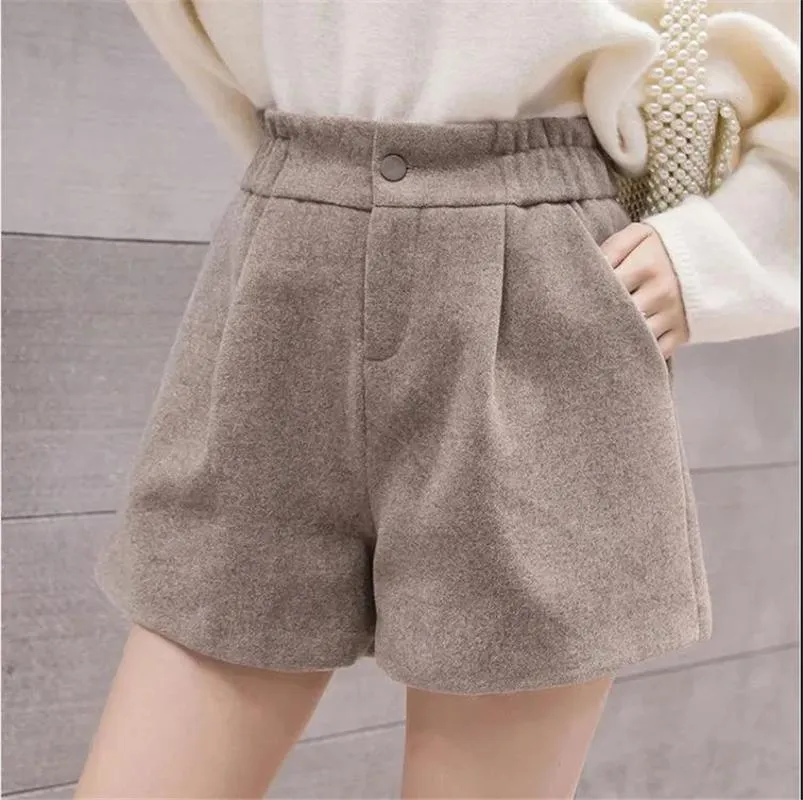 Women's Shorts Gowyimmes 2021 High Waist Woolen Big Size Women Wide Leg Vintage Slim Girl Outwear Bottomings PD1087