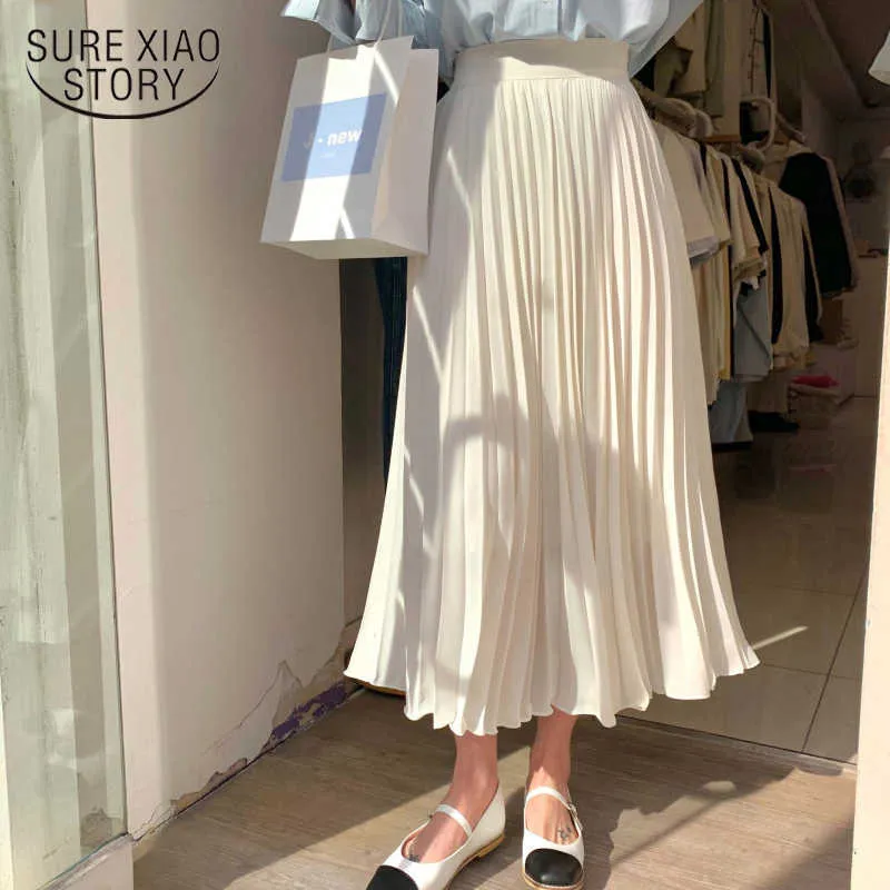 Faldas largas de cintura alta informales de primavera para mujer Falda plisada sólida Vintage Faldas femeninas de moda 13640 210528