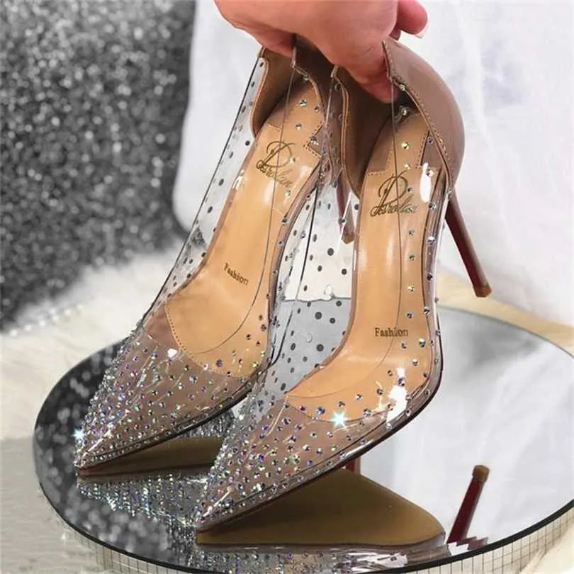 Transperant Crystal Sandalen Rode Bodem Sexy Hoge Hakken Stiletto Avondjurk Pompen met Rheinstone Zomer Schoenen Goud 211123