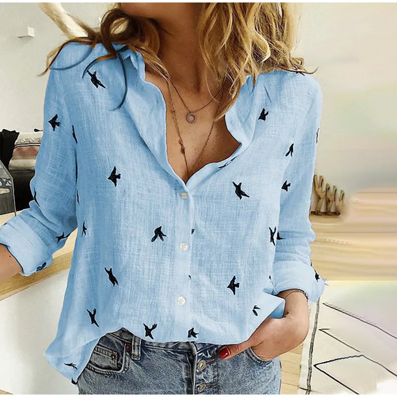 Frauen Vögel Drucken Shirts 35% Baumwolle Langarm Weibliche Tops Frühling Sommer Lose Beiläufige Büro Damen Hemd Plus Größe 5XL 210419