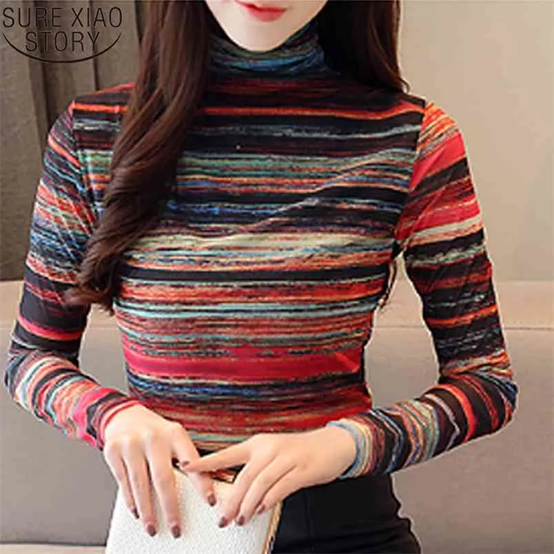 Корейский стиль женщины мода осенняя одежда плюс размер полосатый печати высокий воротник нижняя блузка топы 2346 50 210506