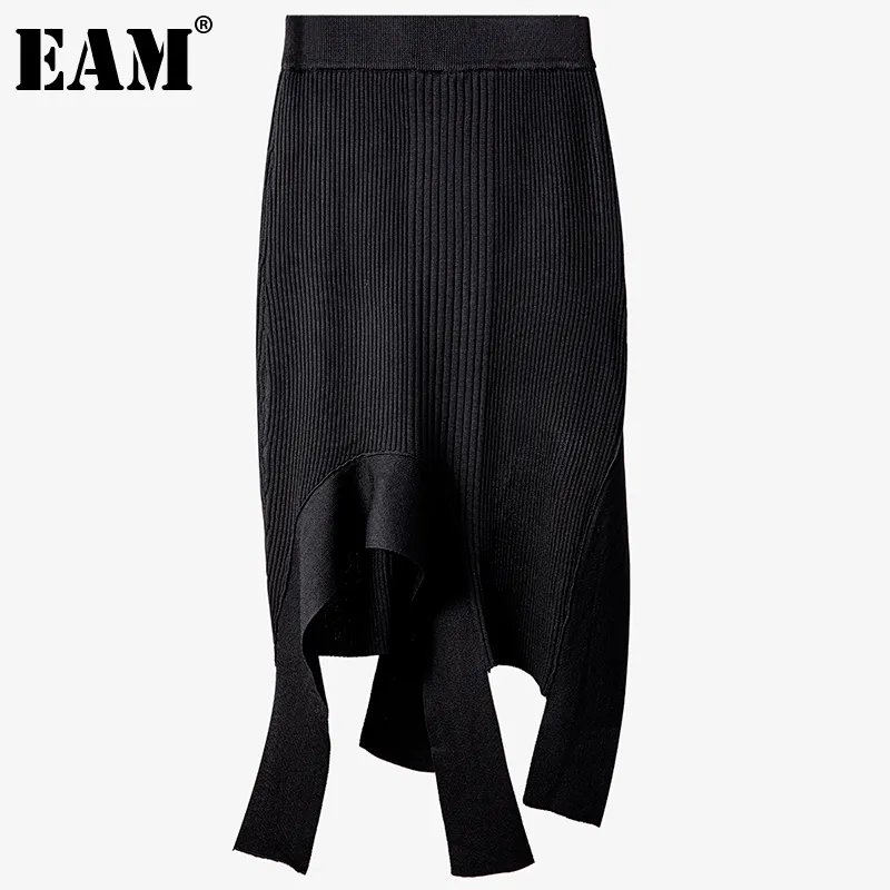[EAM] Wysoka elastyczna talia czarny dziewiarski asymetryczny pół-ciała długa spódnica kobiety moda wiosna jesień 1dd6364 21512