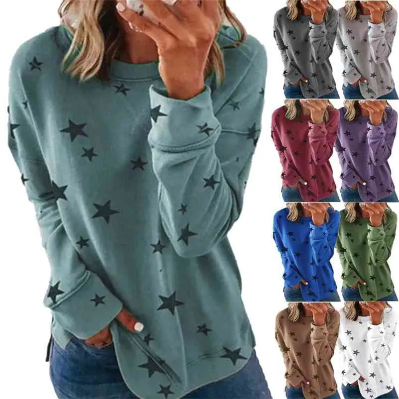 여성 캐주얼 느슨한 티셔츠 긴 소매 다섯 뾰족한 스타 인쇄 봄 가을 탑 티 오 넥 코튼 스웨터 플러스 크기 210401