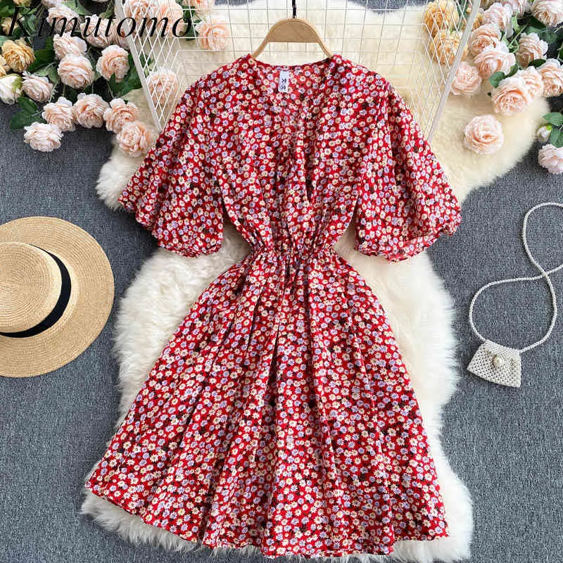 Kimutomo elegante bloemen jurk vrouwen zomer v-hals bladerdeeg mouw slanke hoge taille vakantie wind ins stijl vestidos vrouwelijke 210521