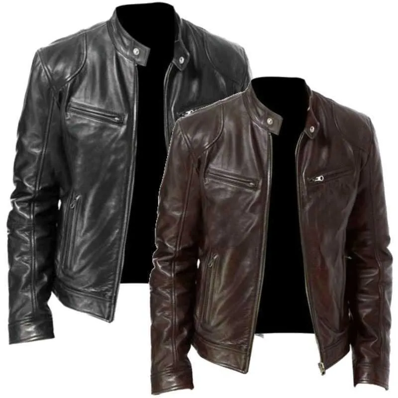Мужская мода кожаная куртка Slim Fit STENT воротник PU куртка мужской антиграмма мотоцикл отворотный диагональный молния куртки мужчины 5XL 211009