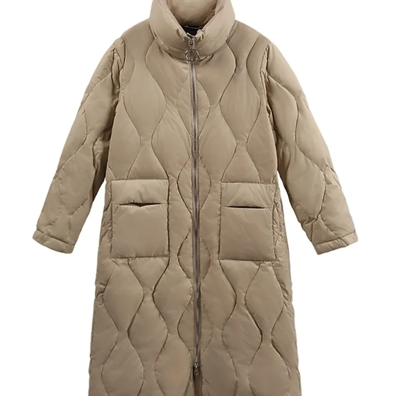 piumino alla moda in stile letterario da donna lungo in piuma d'anatra bianca cappotto invernale sciolto e sottile 211104