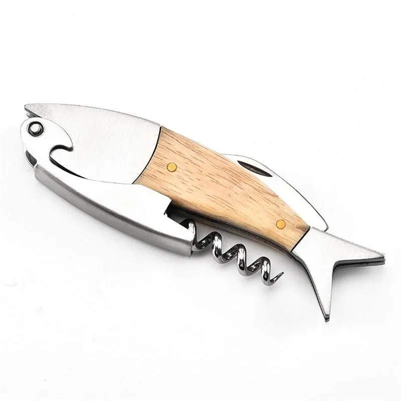 Cute Fish Shaped Wine Opener Wood Handle Professional Metal Openers Multifunction Portable Screw Corkscrew Wine Bottle Opener LX3664