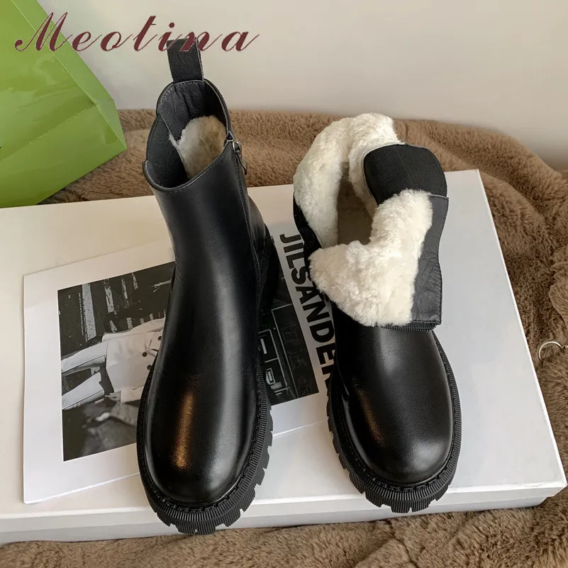 Meotina Natural Wool Fur Real Leather Platform High Heel Short Boots Kvinnor Rund Toe Skor Chunky Heels Zipper Ankel Boots Black 210520