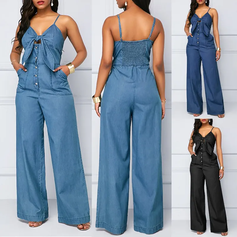 Kvinnor Denim Jumpsuits och Rompers Sexiga Spaghetti Straps Jeans Wide Leg Playsuits Ladies Casual Bandage V-Neck Jumpsuit för Kvinnor