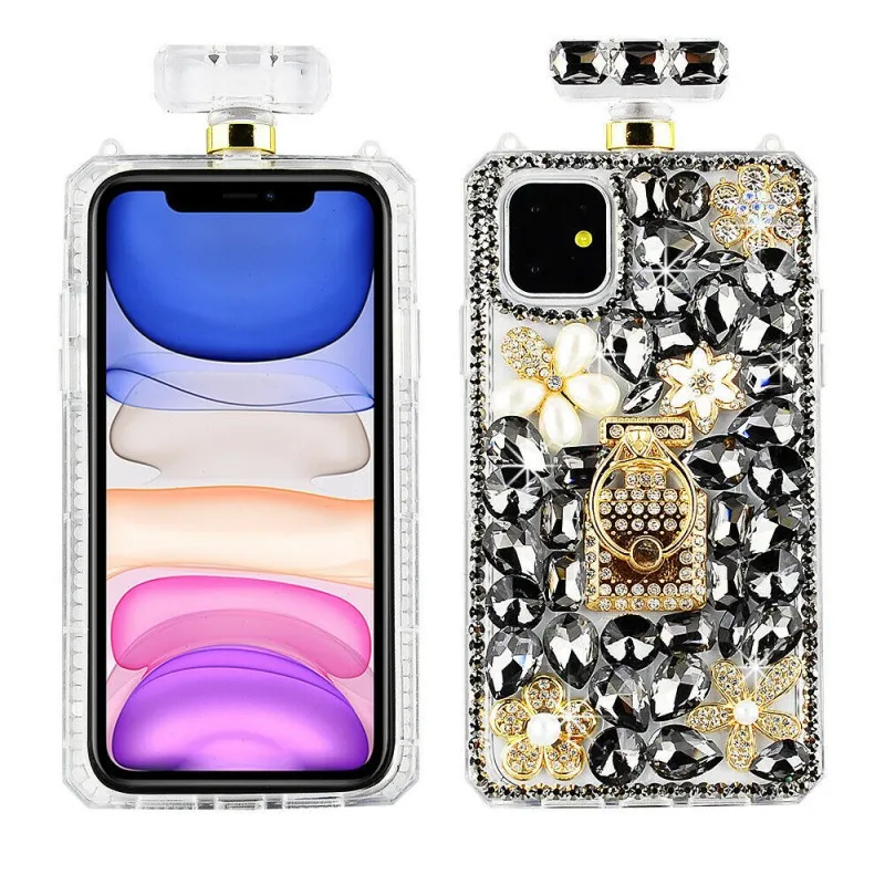 Bling Diamond Chain Perfumy Uchwyt Butelki Lustro Przypadki telefonu dla Samsung S10 S9 S20 FE S21 Plus Ultra Uwaga 8 10 9 20 Lite Pro + Rhinestone Case