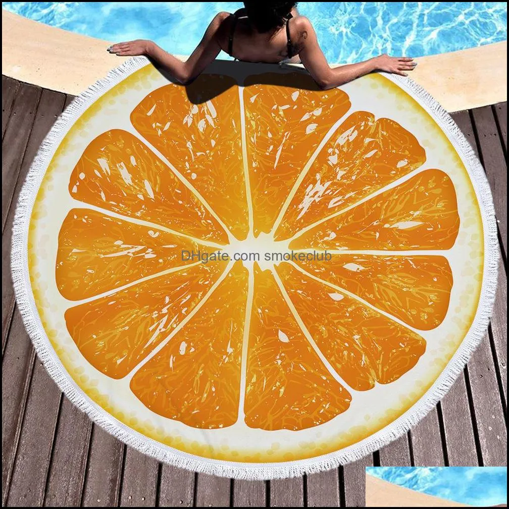 Watermelon Orange Microfiber Round Beach Towel Fruit Thick Shower Bath Towels Summer Swimming Circle Mat With Tassels 500g